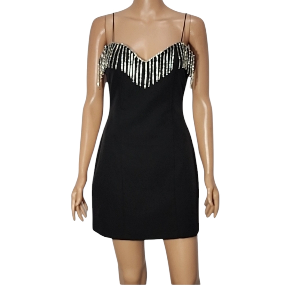 ZARA NEW BLACK MINI FRINGED DIAMANTÉ RHINESTONE DRESS SIZE M Medium - Picture 6 of 16